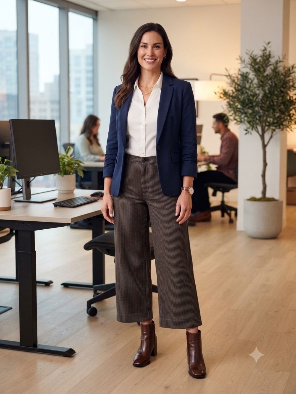 Liverpool Brown Pinstripe Wide-Leg Crop Trousers